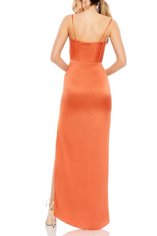 Mac Duggal Bustier Side Ruched Bodycon Gown In Burnt Orange