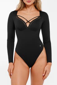 Popilush Shapewear Long Sleeve Mesh Inset Tummy Control Bodysuit