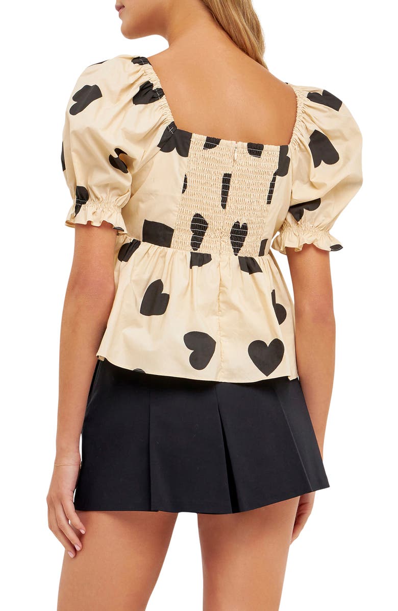 English Factory Heart Shape Puff Sleeve Top, Alternate, color, Beige/ Black