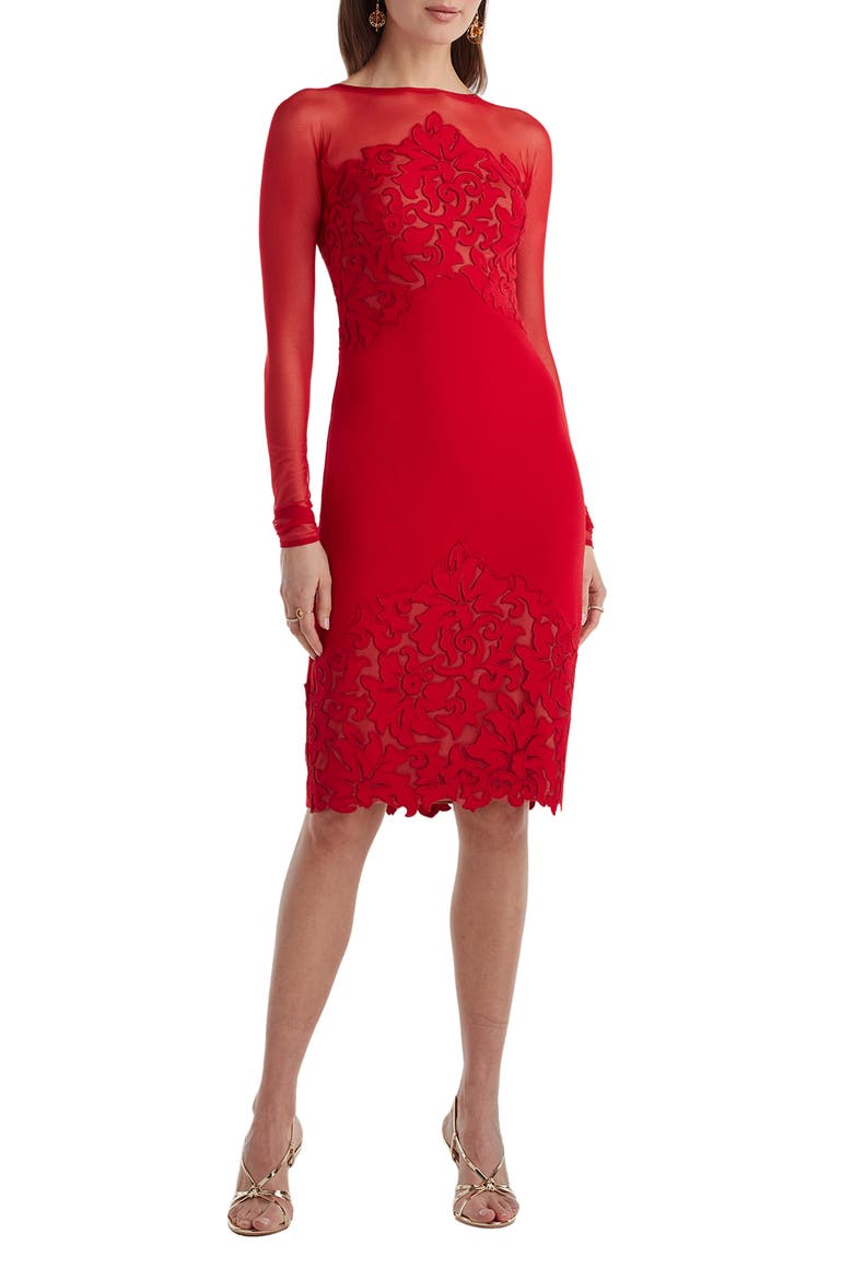 Illusion Neck Laser Cut Long Sleeve Mesh Cocktail Dress, Main, color, CHERRY/ NUDE