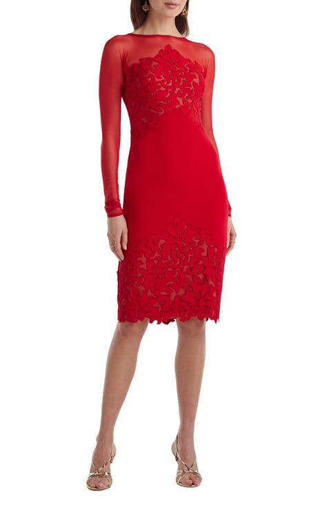 Illusion Neck Laser Cut Long Sleeve Mesh Cocktail Dress