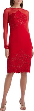 Tadashi Shoji Illusion Neck Laser Cut Long Sleeve Mesh Cocktail Dress