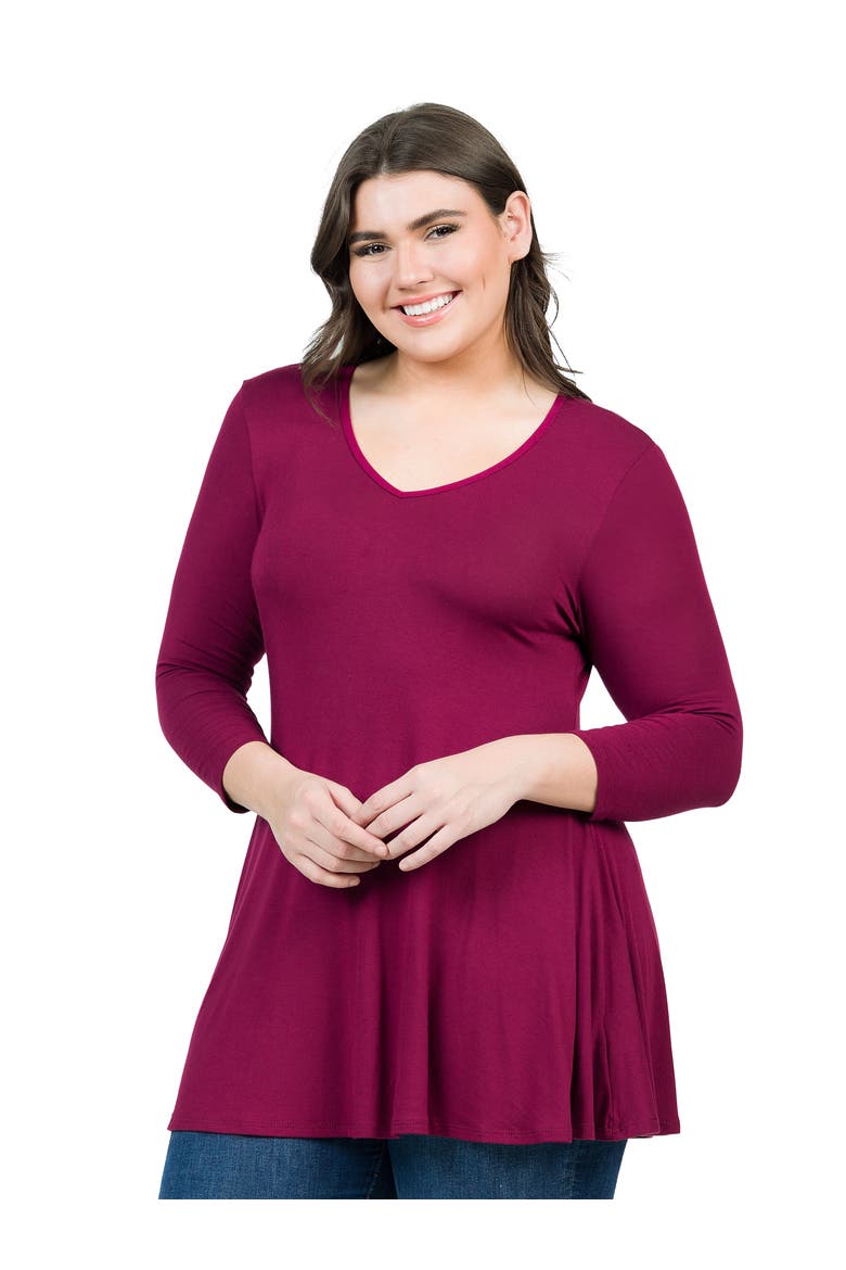 Plus Size Three Quarter Sleeve V Neck Tunic Top, Alternate, color, Wine