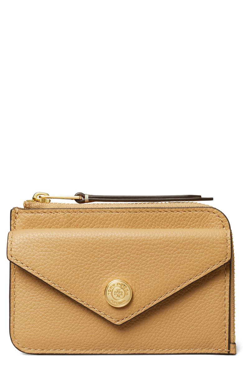Tory Burch Pebble Leather Envelope Zip Card Case, Main, color, Biscotti