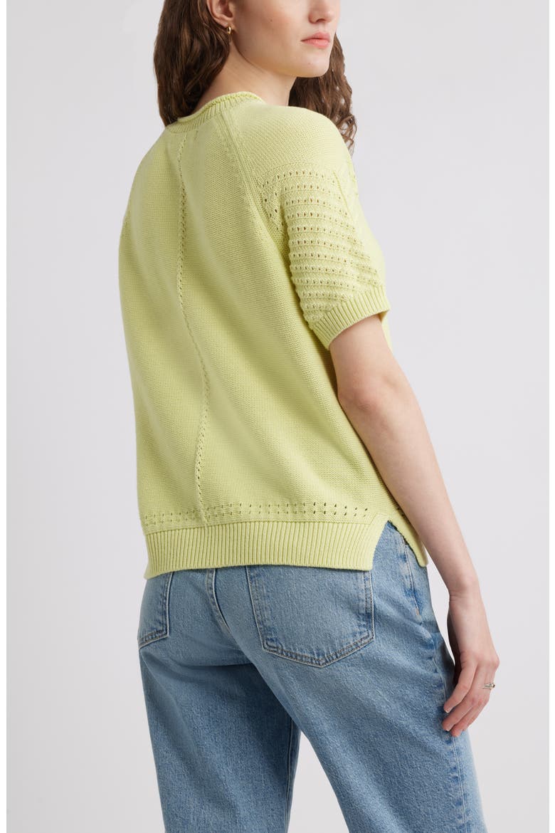 Pointelle Short Sleeve Cotton Sweater, Alternate, color, GREEN FINCH