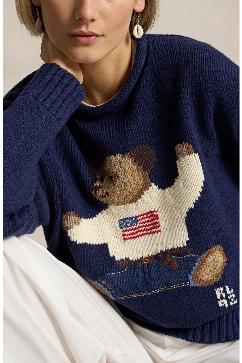 Polo Bear Intarsia Cotton & Linen Sweater, Alternate, color, NAVY