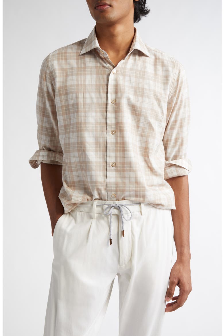 Plaid Cotton Button-Up Shirt, Main, color, BEIGE AND LIGHT GRAY