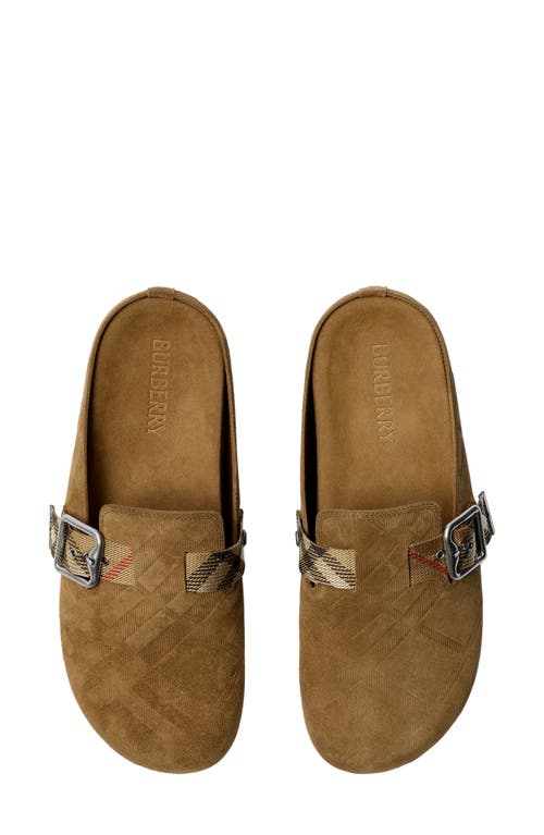 Burberry Suede Slippers With Buckle Detail And Textured Finish In Brown