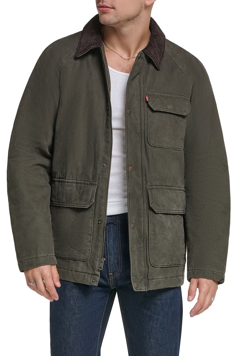 Cotton Canvas Field Jacket with Corduroy Collar, Main, color, OLIVE