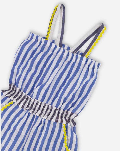 Deux Par Deux Little Girl's Sleeveless Seersucker Romper Blue And White Striped In Blue And White Striped