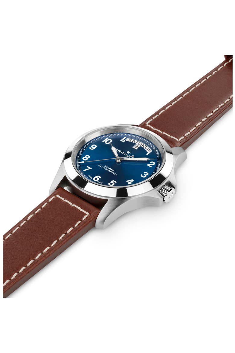 Khaki Field King Automatic Leather Strap Watch, 40mm, Alternate, color, BLUE