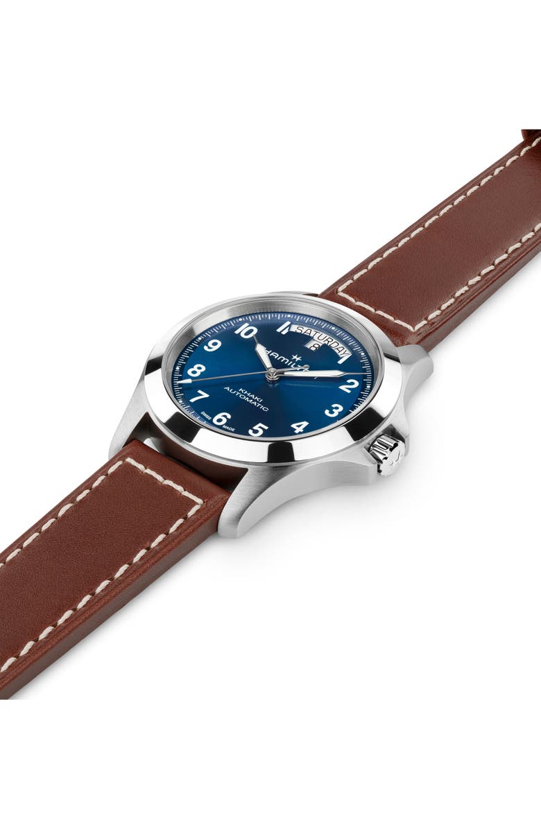Hamilton Khaki Field Automatic Leather Strap Watch, Alternate, color, Blue