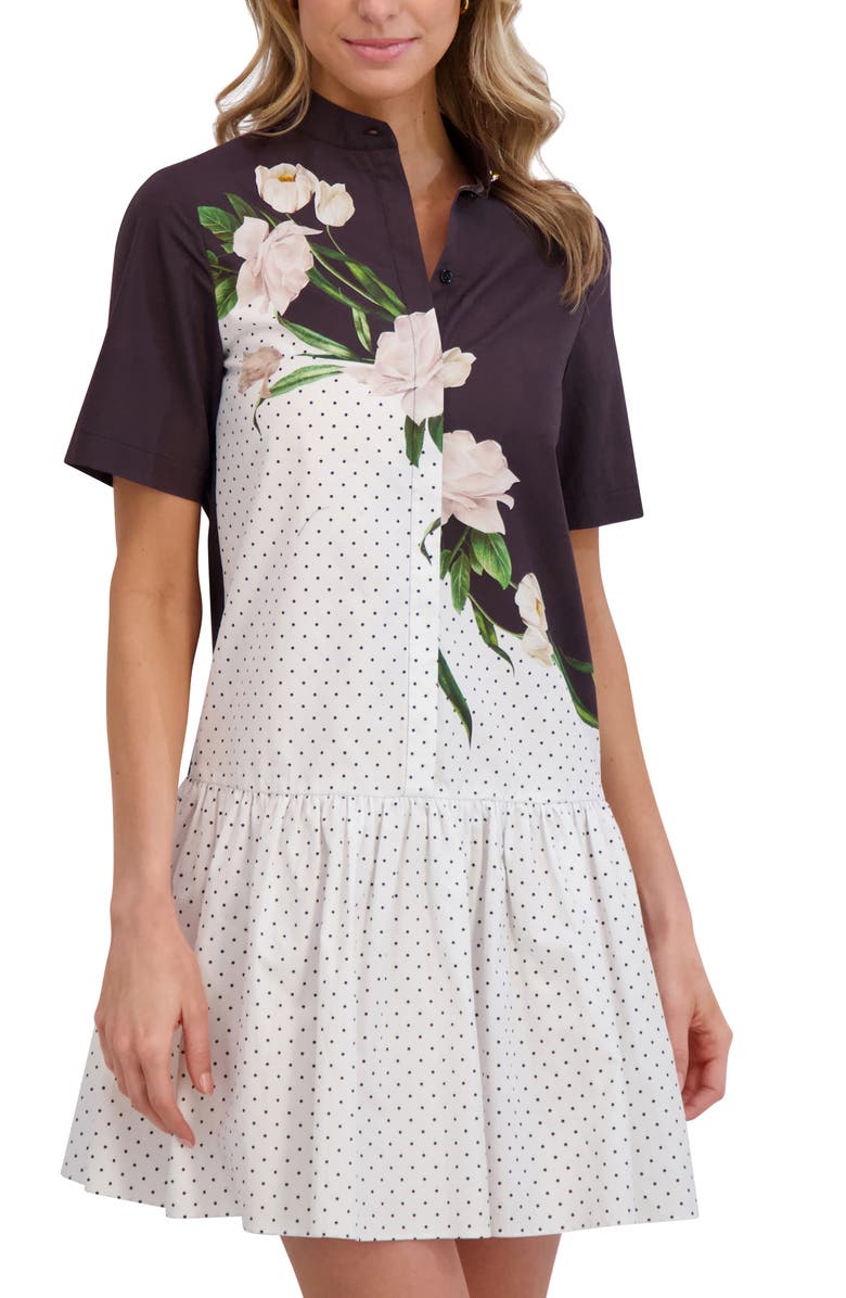 Ted Baker Floral Cotton Drop Waist Shirtdress, Alternate, color, Ultra White