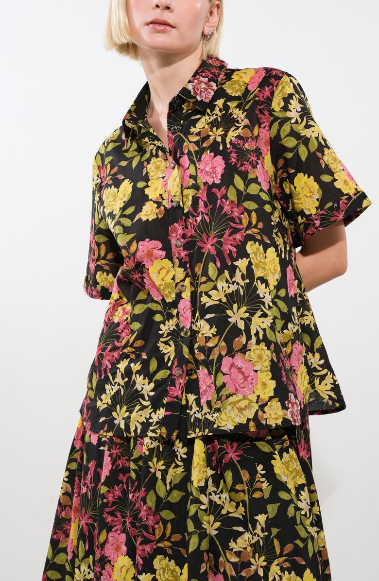 FREEMARKET Floral Cotton Snap-Up Shirt, Alternate, color, Black