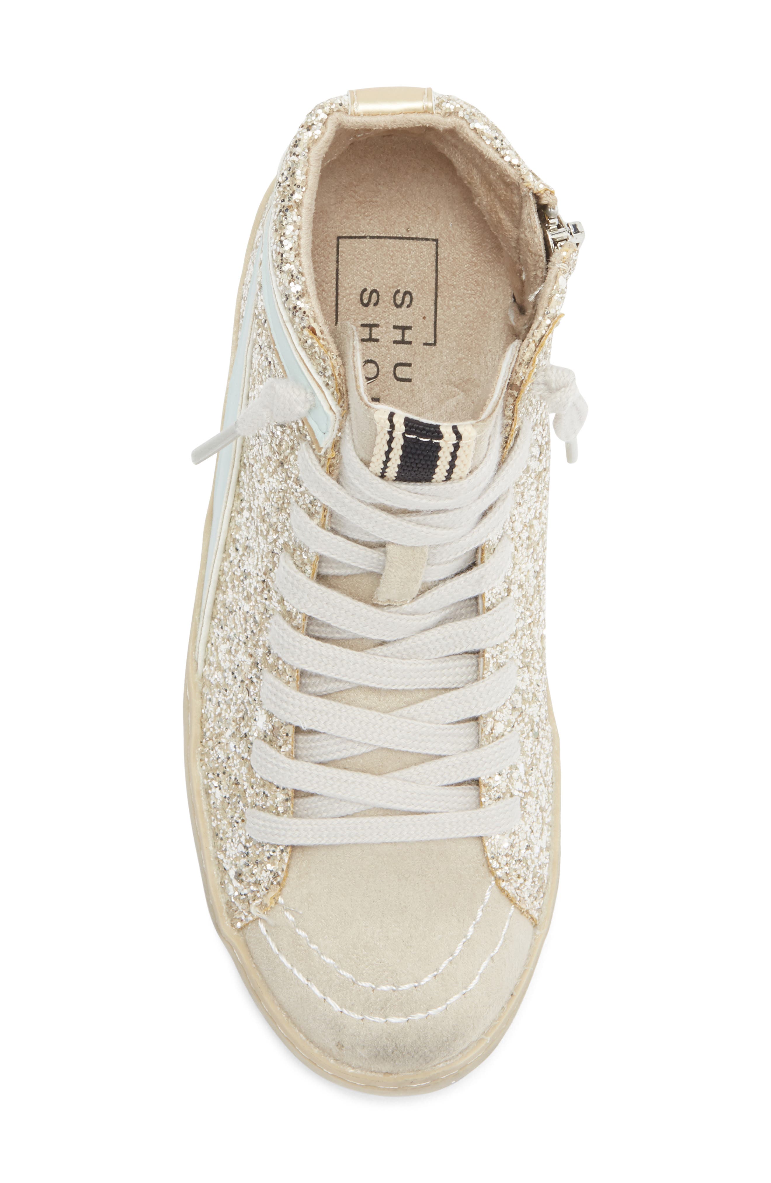 SHUSHOP Kids' Rooney Glitter High Top Sneaker, Alternate, color, Sterling Glitter