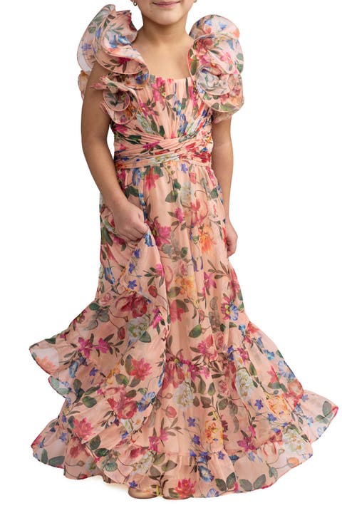 Girls Floral Chiffon Ruffle Shoulder Dress