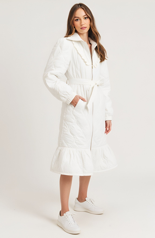 Modenaire Quilted Longline Coat With Ruffle Trim And Tie Waist Belt In White