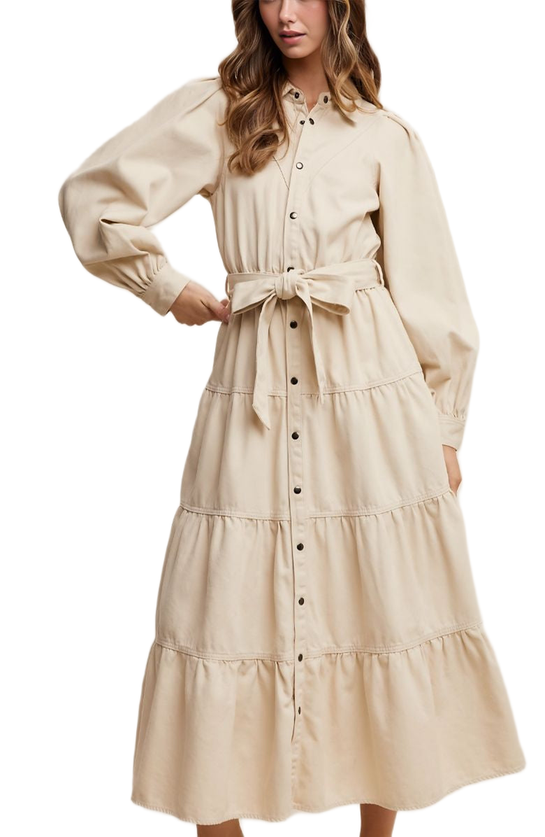 Knit and Lounge Tiered Belted Bishop Sleeve Maxi Shirt Dress, Alternate, color, Beige