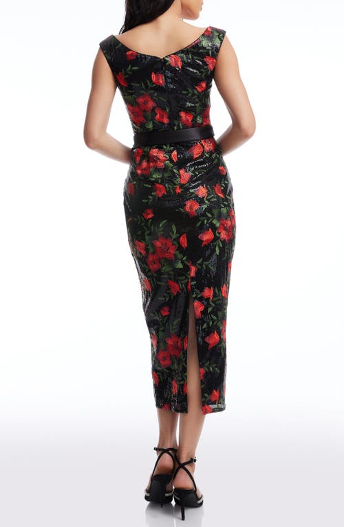 DRESS THE POPULATION DRESS THE POPULATION DOTTIE FLORAL JACQUARD SEQUIN MIDI COCKTAIL DRESS