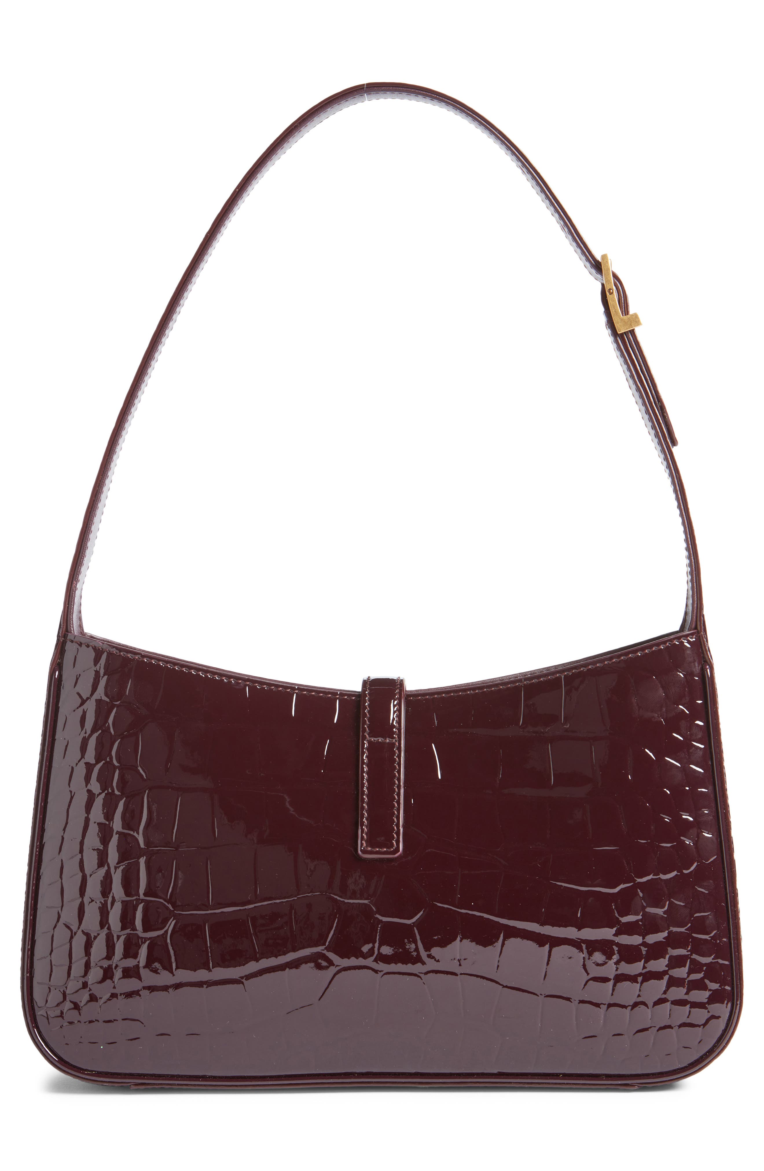 Saint Laurent Le 5 à 7 Croc Embossed Patent Leather Shoulder Bag, Alternate, color, Dark Aubergine