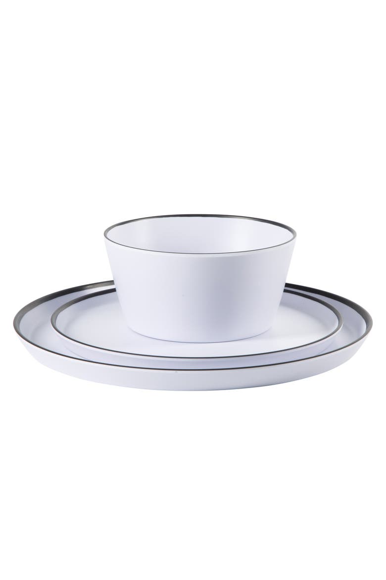 Folsom Shores 12 Piece Melamine Dinnerware Set  w/ Black Rim, Alternate, color, White
