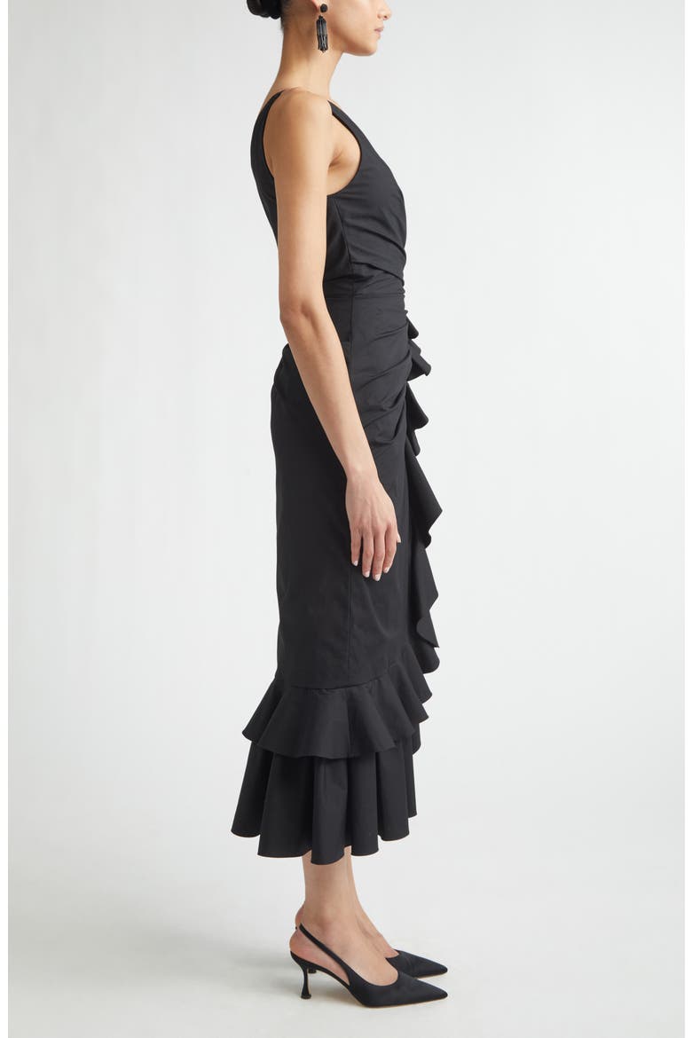 Ruffled Asymmetric Ruched One-Shoulder Midi Dress, Alternate, color, BLACK