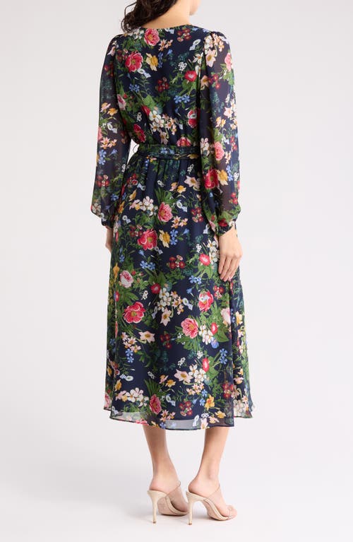 Anne Klein Floral Print Long Sleeve Chiffon Midi Dress In Distant Mountain Multi