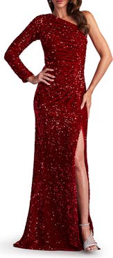 SHO by Tadashi Shoji Sequin One-Shoulder Single Long Sleeve Gown