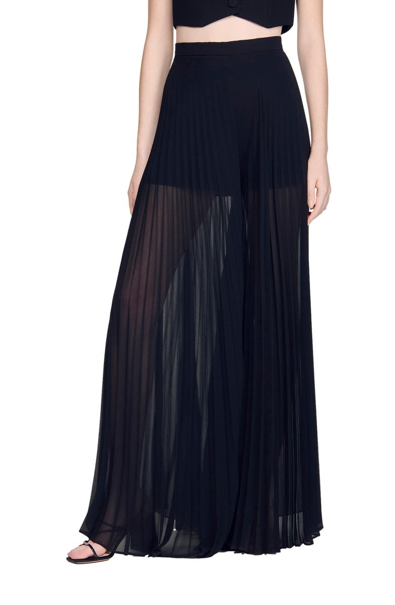 SANDRO Pleated wide-leg trousers, Main, color, Black