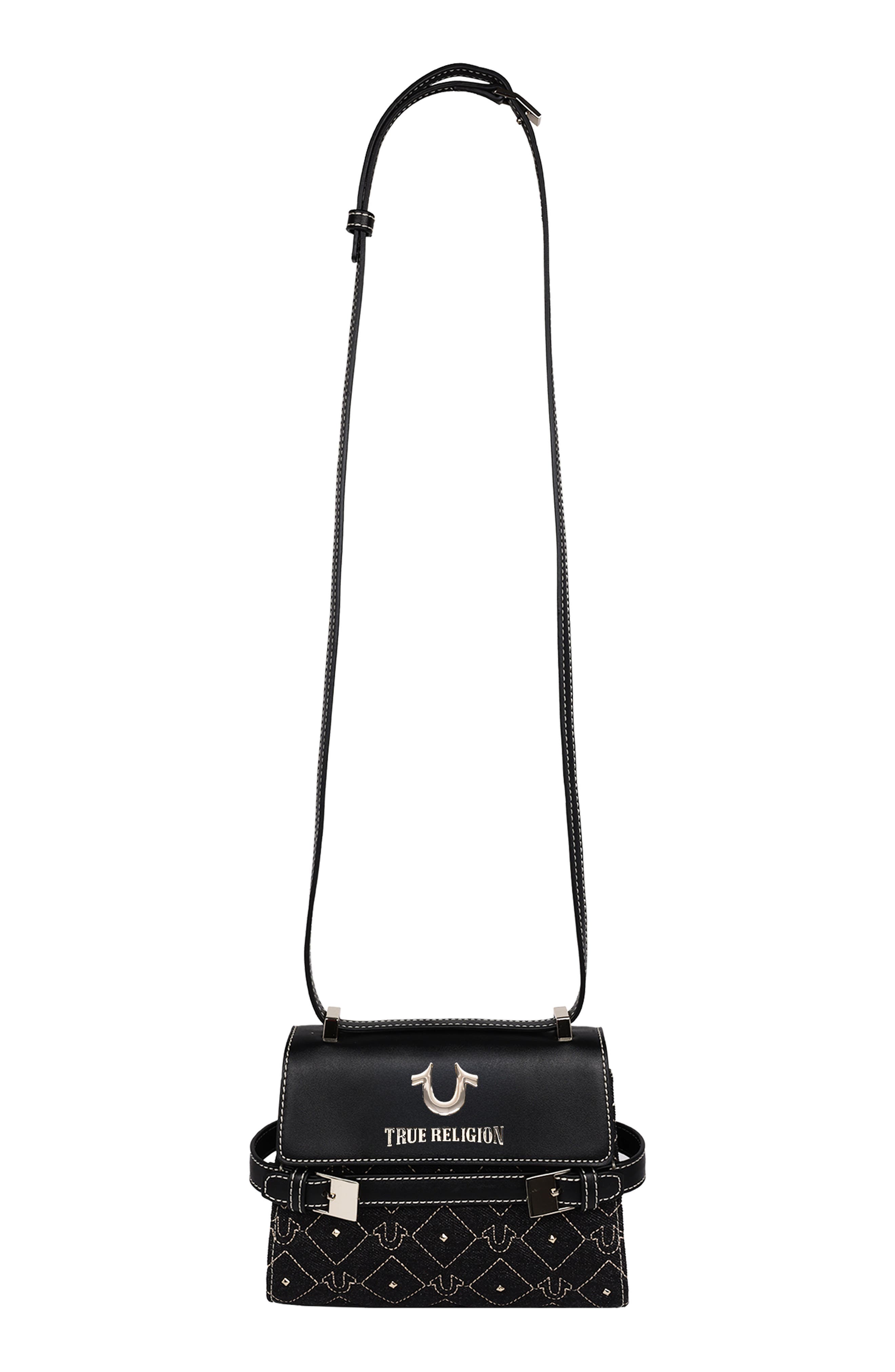 True Religion Studded Denim & Faux Leather Tote Bag, Alternate, color, Black