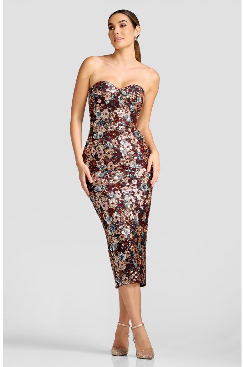 Vada Floral Sequin Strapless Midi Dress, Alternate, color, BURGUNDY MULTI