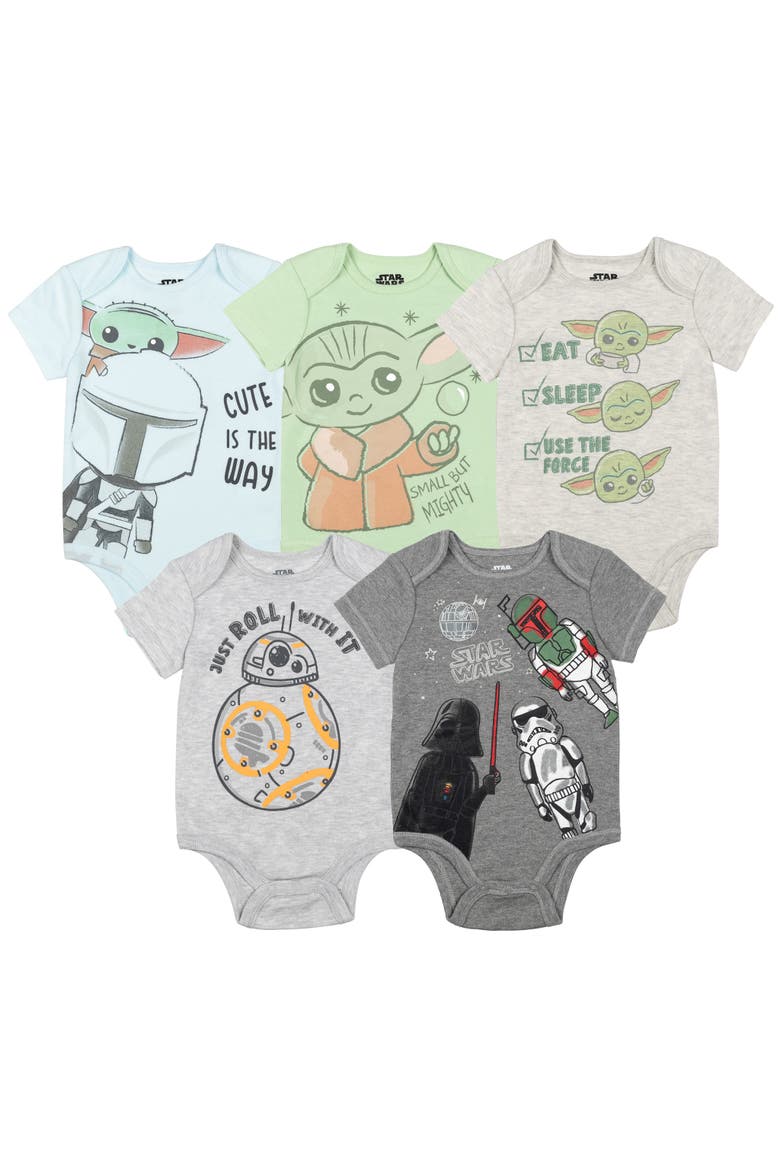 The Mandalorian Grogu 5-Pack Short Sleeve Bodysuits, Main, color, Grogu Blue Green