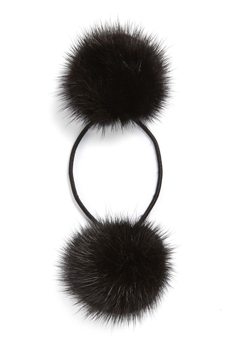 Genuine Mink Pompom Ponytail Holder, Main, color, BLACK