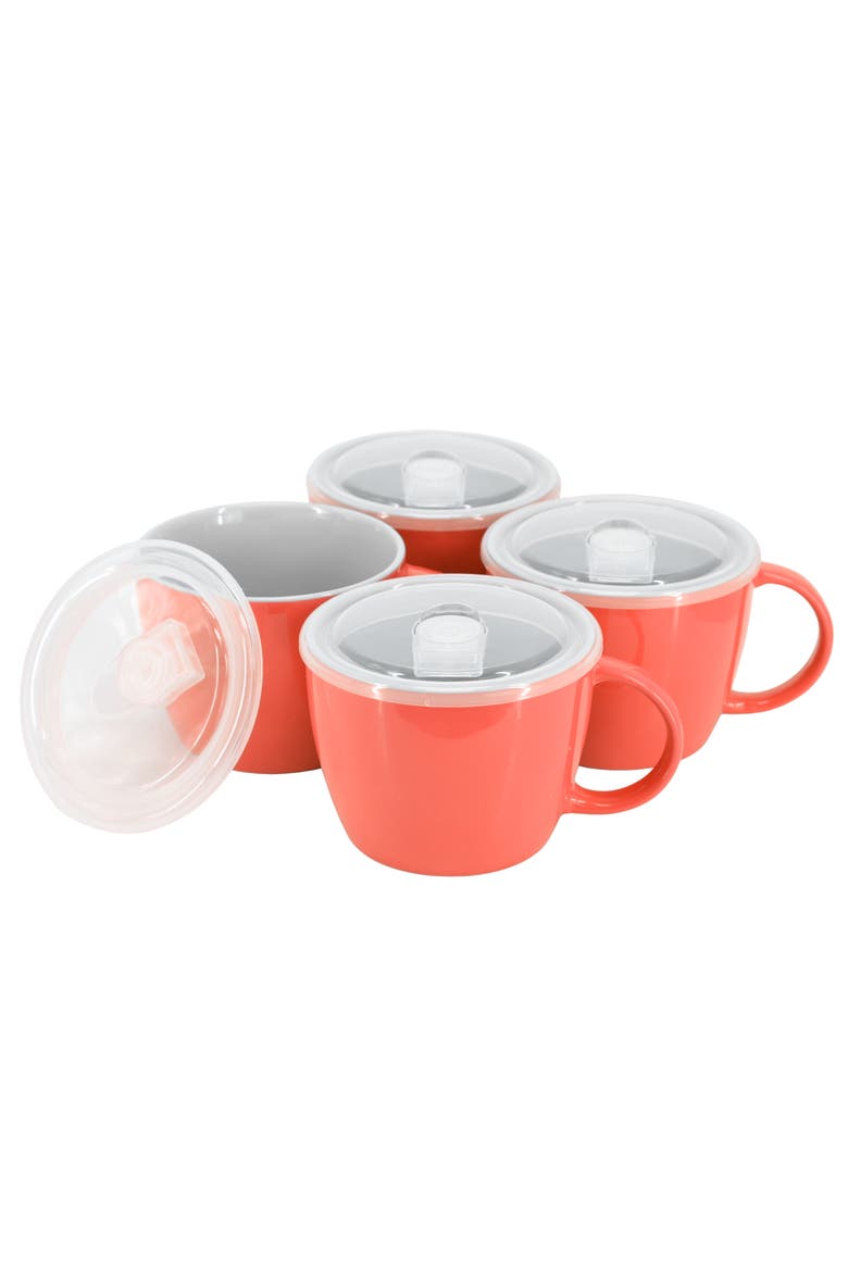 4 Piece 25 Ounce Stoneware Soup Cup Set with Lid in Red, Main, color, Red
