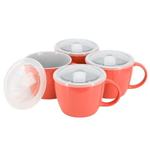 4 Piece 25 Ounce Stoneware Soup Cup Set with Lid in Red