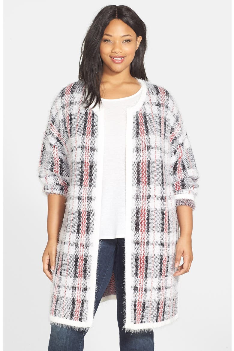Plaid Eyelash Yarn Sweater, Main, color, WHITE/ BLACK/ RED