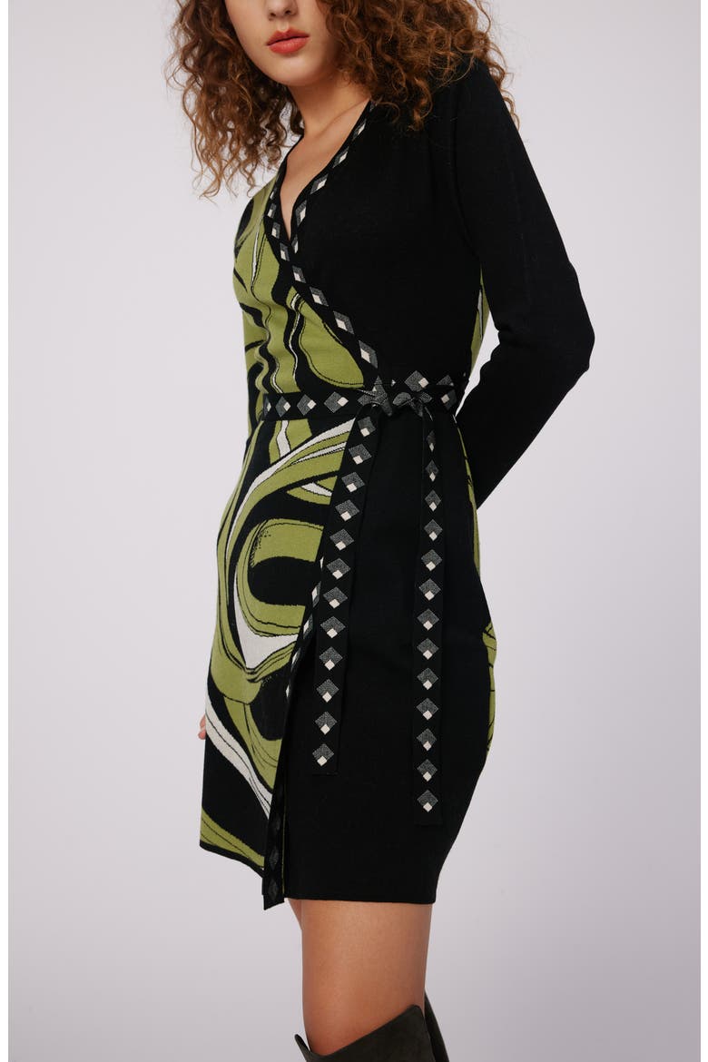Aubrey Mixed Print Long Sleeve Knit Wrap Dress, Alternate, color, CASS TAPE SHADOW GN HUGE/BLK