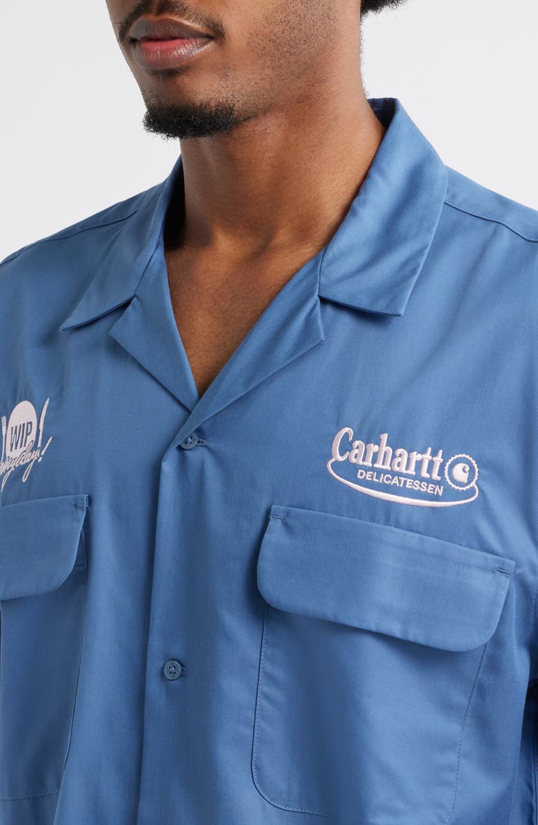 Carhartt Work In Progress Deli Embroidered Short Sleeve Cotton Button-Up Shirt, Alternate, color, Blue Iris / Air Pink