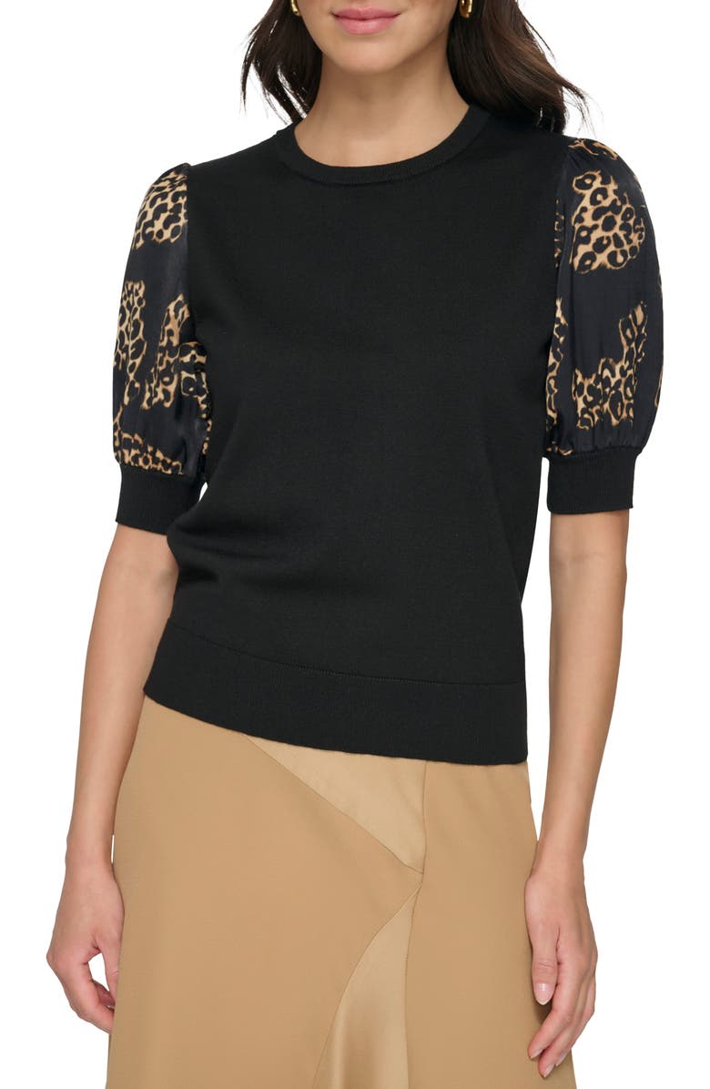 DKNY Mixed Media Puff Sleeve Sweater, Main, color,