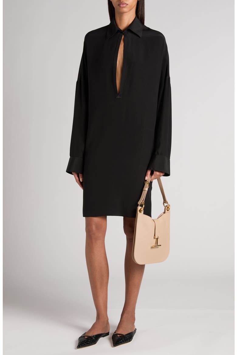 Long Sleeve Silk Crêpe de Chine Tunic Dress, Alternate, color, BLACK