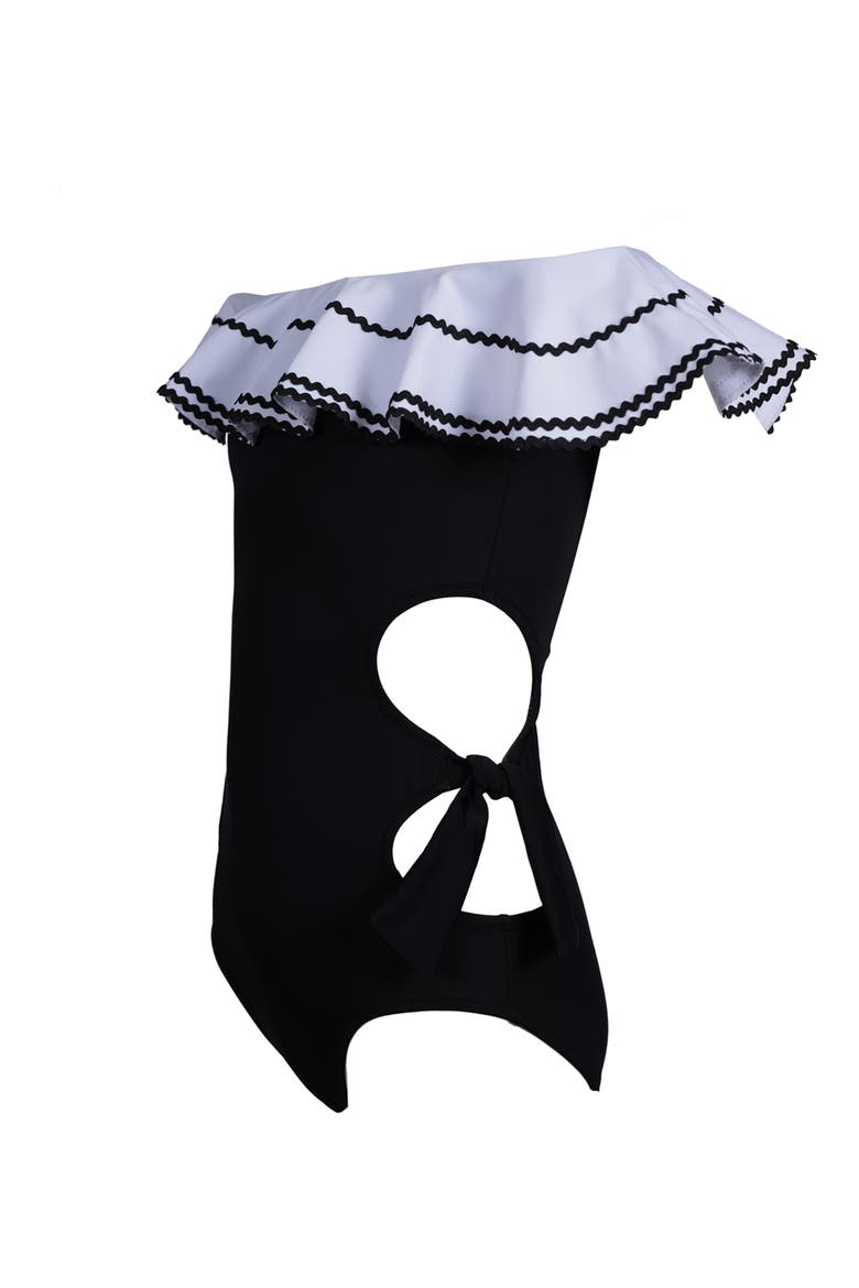 Off-Shoulder Cut-Out Ruffled One-Piece Swimsuit, Little Kid-Big Kid, Alternate, color, Black