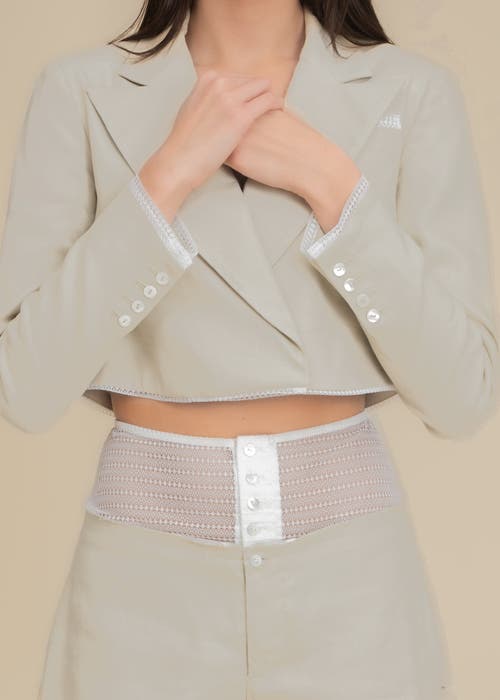 Contessa Mills Morgaine Cropped Linen Lace-trim Blazer In Green