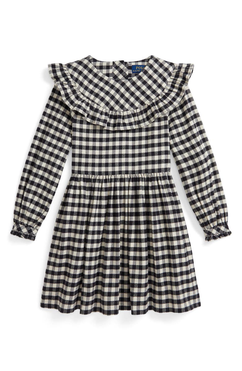 Polo Ralph Lauren Kids' Long Sleeve Buffalo Check Cotton Twill Dress, Main, color, Black Cream