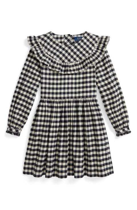 Kids' Long Sleeve Buffalo Check Cotton Twill Dress (Toddler & Little Kid)