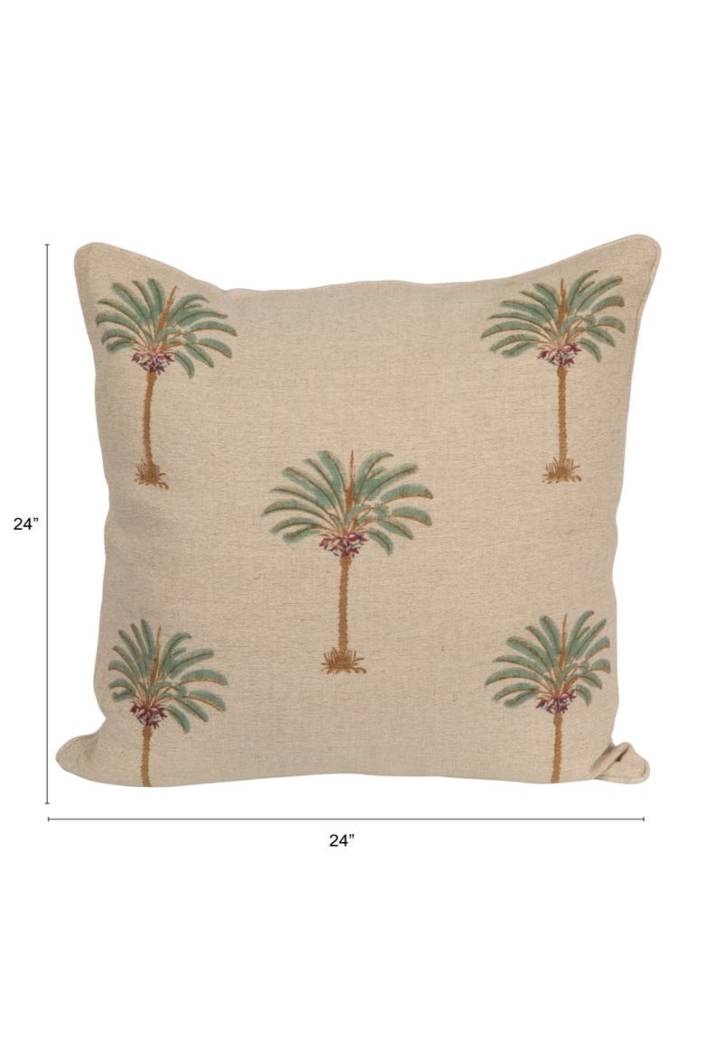 Cotton Linen Blend Block Printed Pillow with Palm Trees, Natural, Green and Brown, Alternate, color, Natural