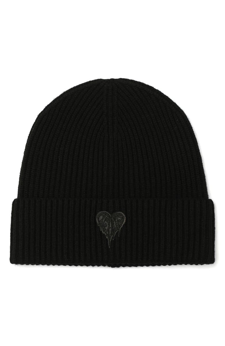 AllSaints Heart Logo Rib Beanie, Main, color, Black