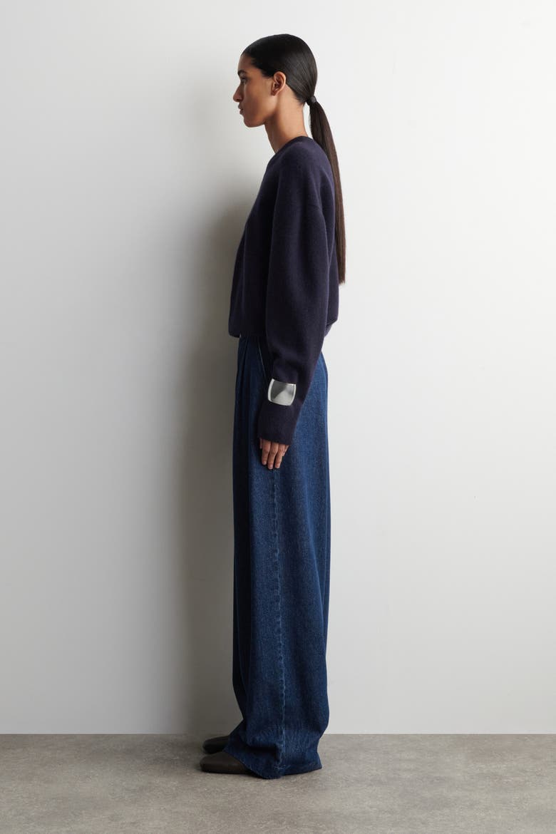 Pleated Wide Denim Pants, Alternate, color, DARK BLUE