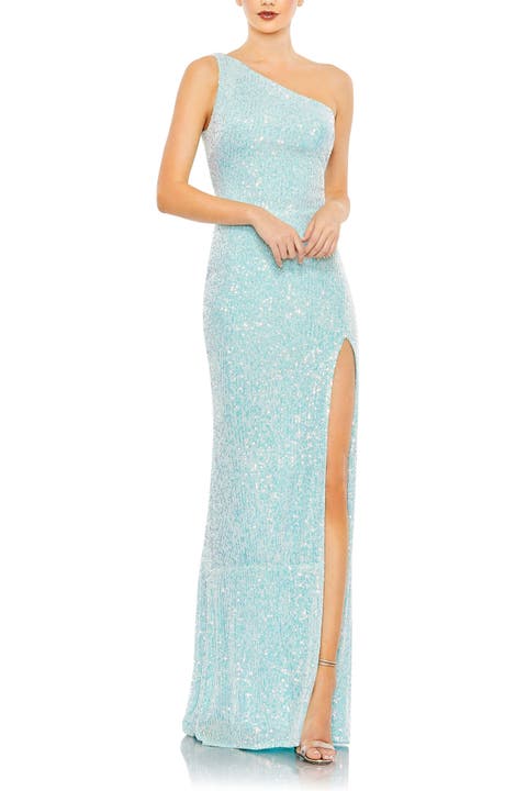Sequined One Shoulder Draped Back Gown