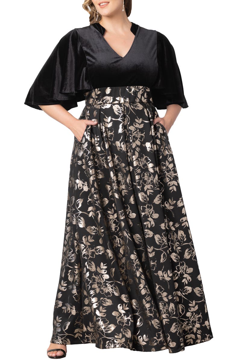 Kiyonna Radiant Opulence Mixed Media Ballgown, Alternate, color, Gilded Noir