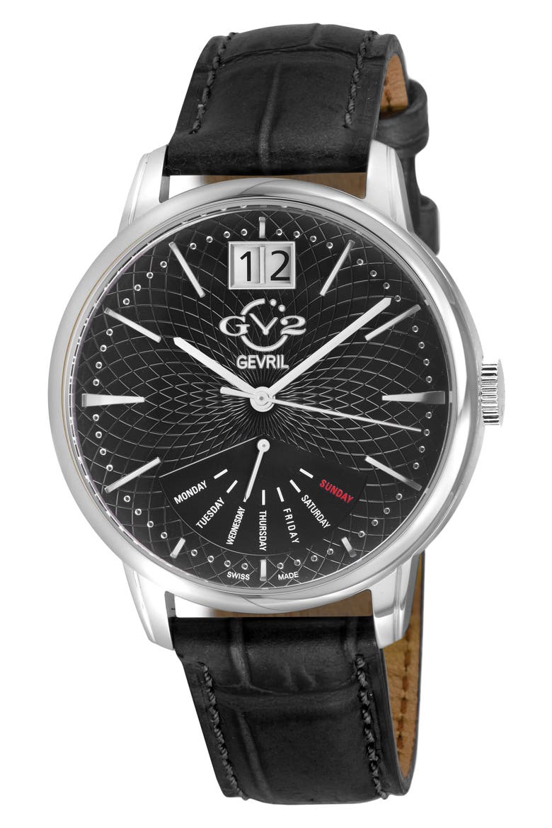 Rovescio Croc Embossed Leather Strap Watch, 42mm, Main, color, BLACK